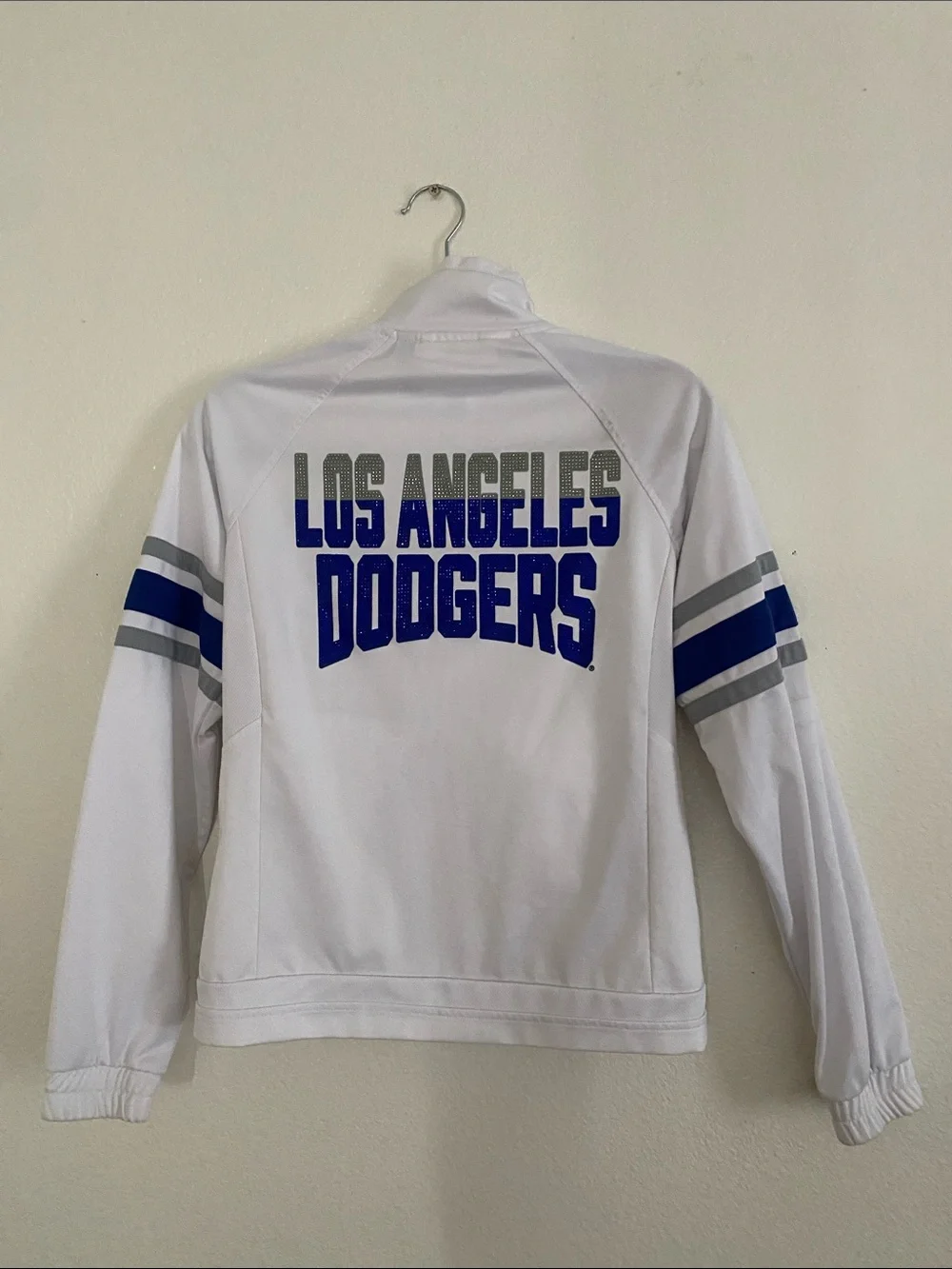 LOS ANGELES DOCKERS Logo White Varsity Jacket with Blue & Gray Stripes. Size XS
